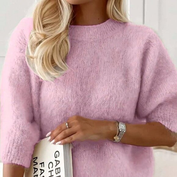 Pink Minimalist Women's Fuzzy Ribbed Knit Crew Neck Sweater - Picture 3 of 3